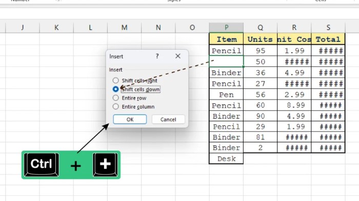 Pengertian shift cell right dalam microsoft excel