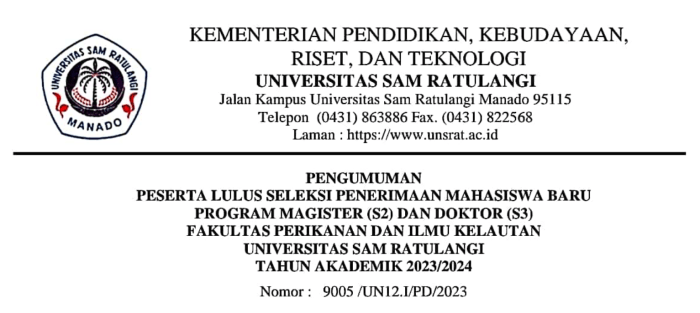 Fakultas perikanan dan ilmu kelautan universitas sam ratulangi