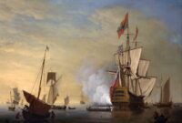 Ship english firing sails harbor peter scene century 18th painting loosened gun ships paintings war battleship history museum boat line