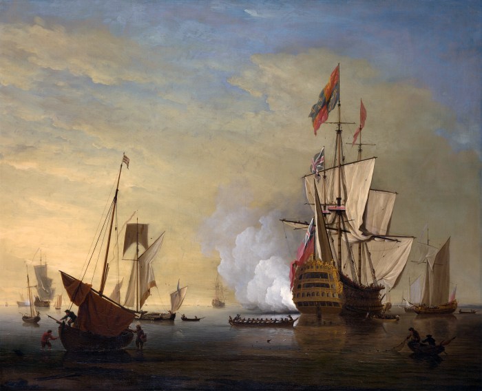 Ship english firing sails harbor peter scene century 18th painting loosened gun ships paintings war battleship history museum boat line