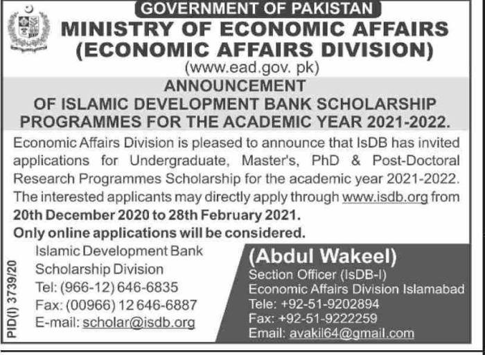 Islamic development bank scholarship isdb funded masters programme 2022 undergraduate phd fully 2021 its implements programmes funds