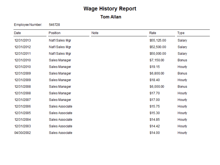 Report wage history employee hr software reports