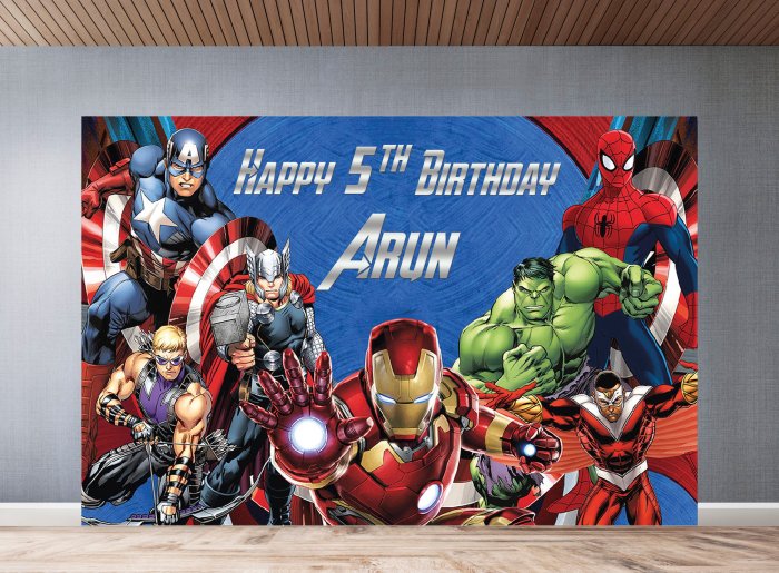 Contoh backdrop ultah anak tema avengers